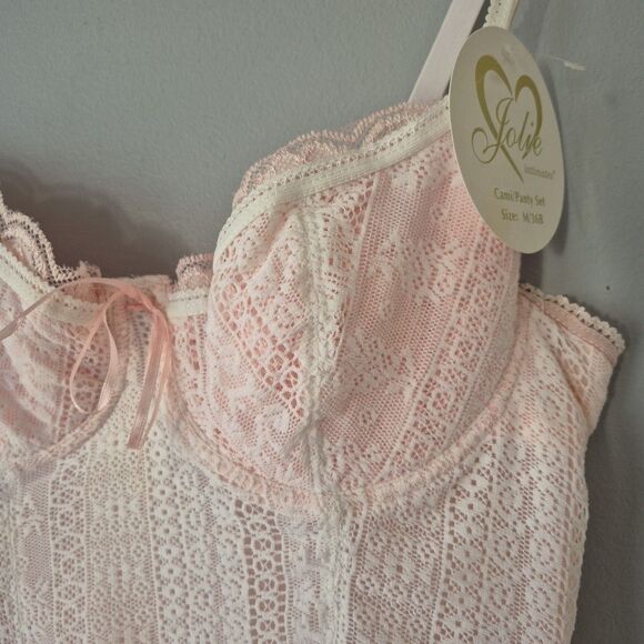 Jolie Intimates Vintage White Pink Mesh 2 Piece Bra Boyshort Set Womens MED 36B - Picture 7 of 14